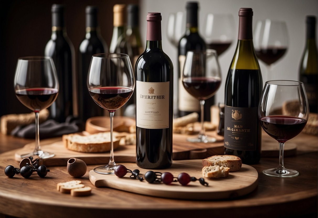 A table with various bottles of dry red wine types, surrounded by wine glasses and a corkscrew