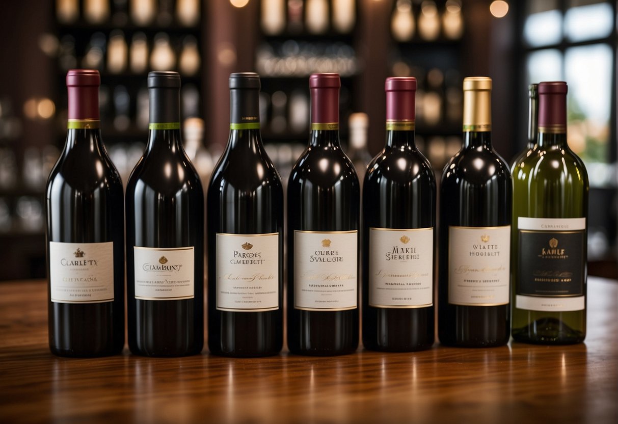 A table set with various bottles and glasses of dry red wines, each labeled with their popular varieties