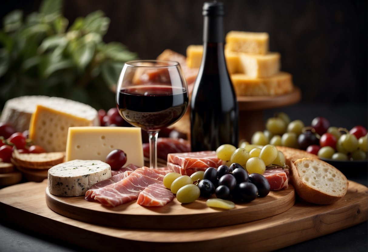 A glass of dry red wine next to a charcuterie board with assorted cheeses, cured meats, and olives