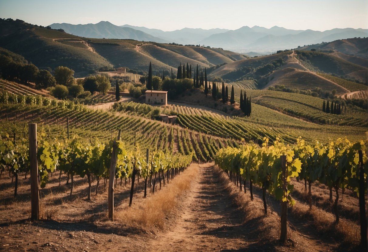 Vineyard landscapes with rolling hills, grapevines, and rustic wineries. A variety of climates and terrains, from Mediterranean to high-altitude, all ideal for producing dry red wine