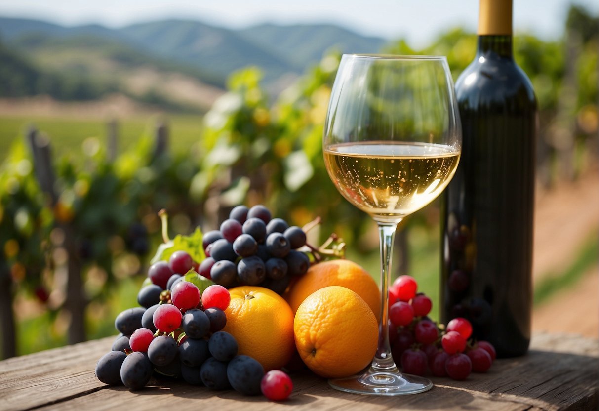 Various fruits surround a wine glass: red berries, citrus, and stone fruits. A vineyard stretches in the background, with grapevines in neat rows