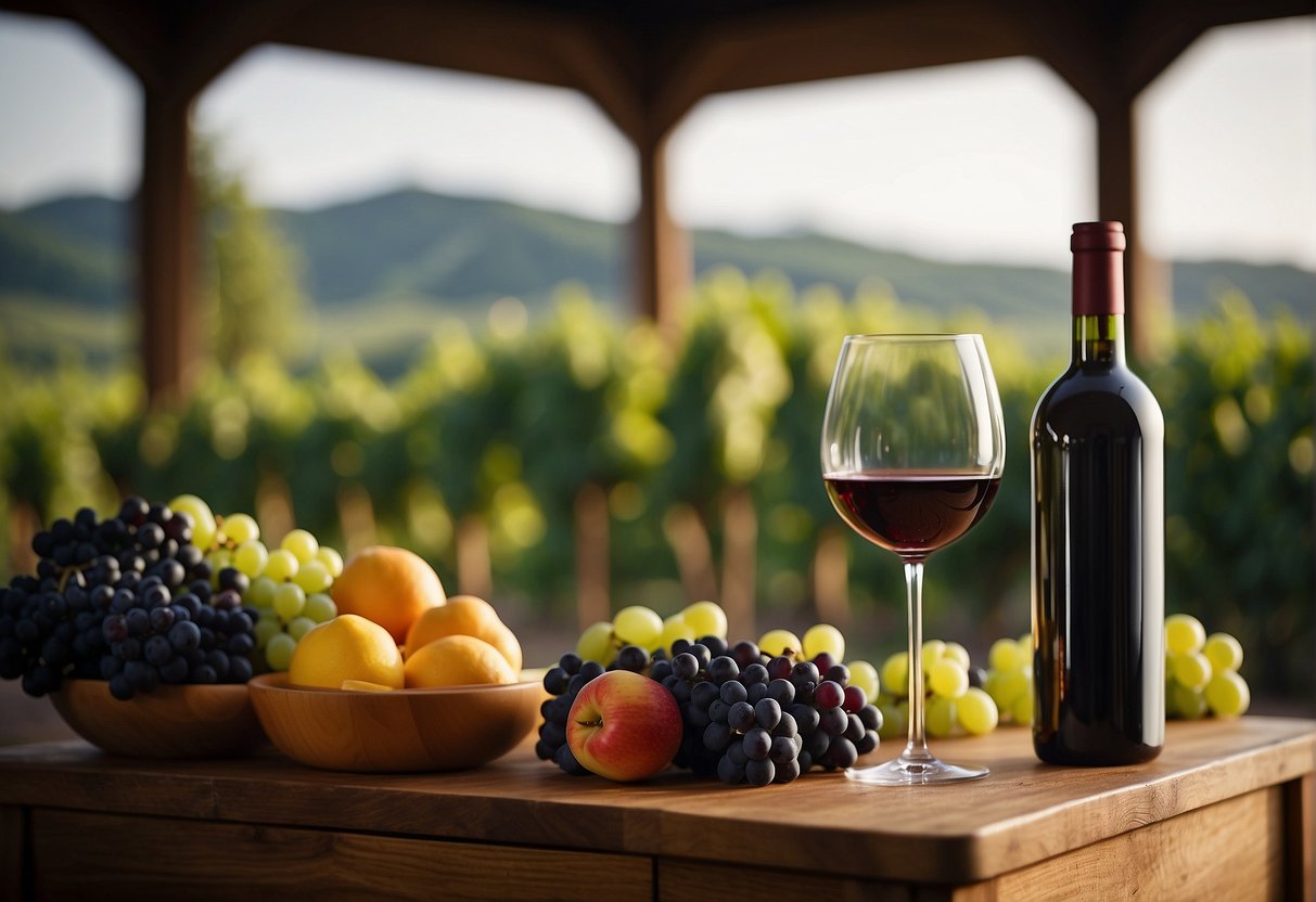 A glass of wine sits on a table, surrounded by ripe fruit and a subtle hint of oak. The rich color of the wine suggests depth and complexity