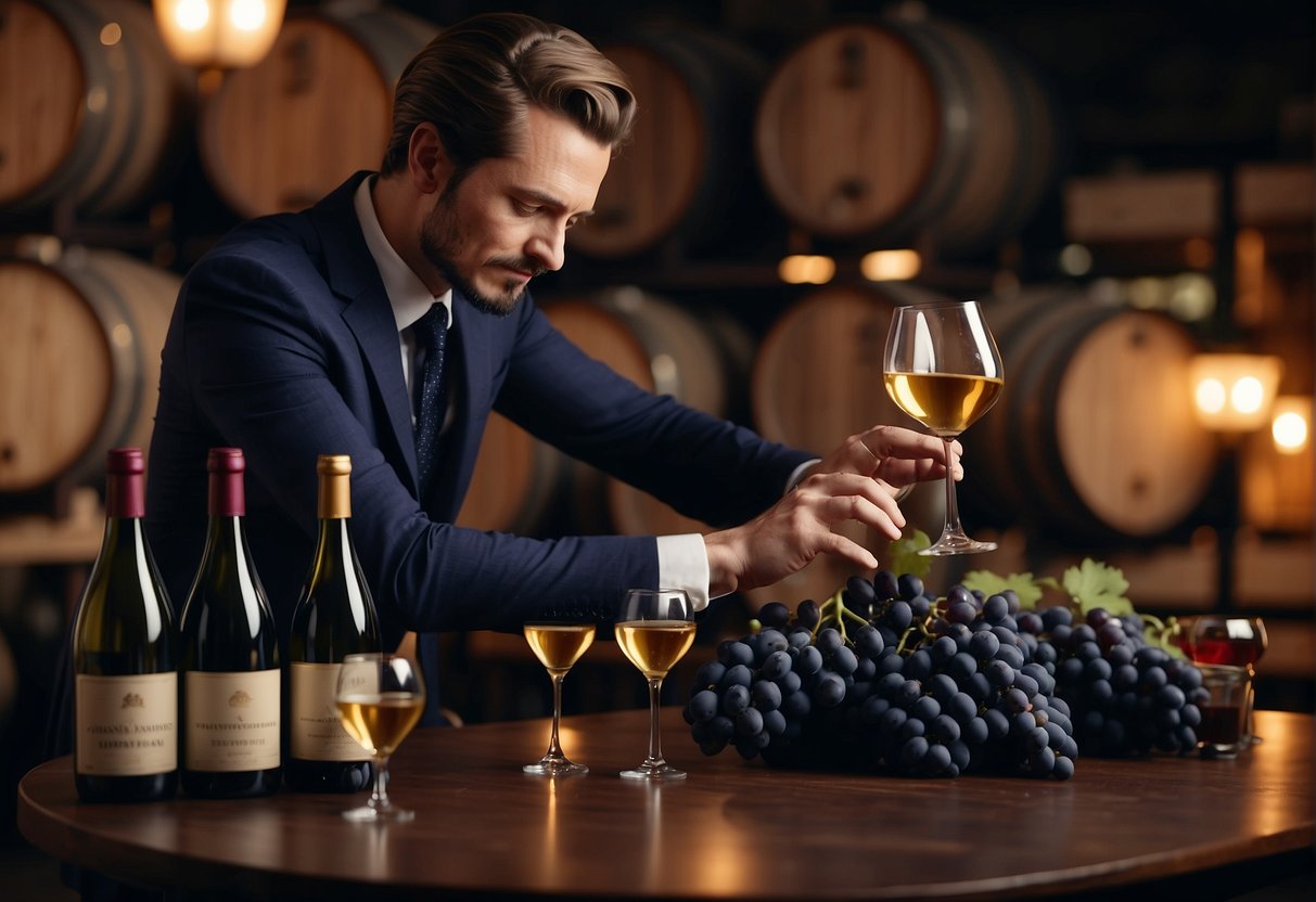 A sommelier pouring wine into a glass, surrounded by wine bottles, grapes, and wine barrels