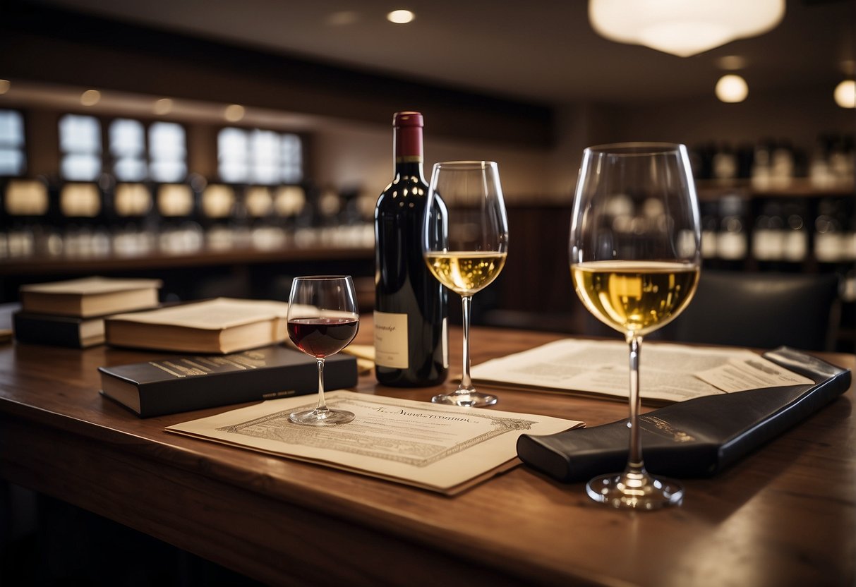 A classroom with wine education materials, sommelier tools, and certificates from major wine education institutions