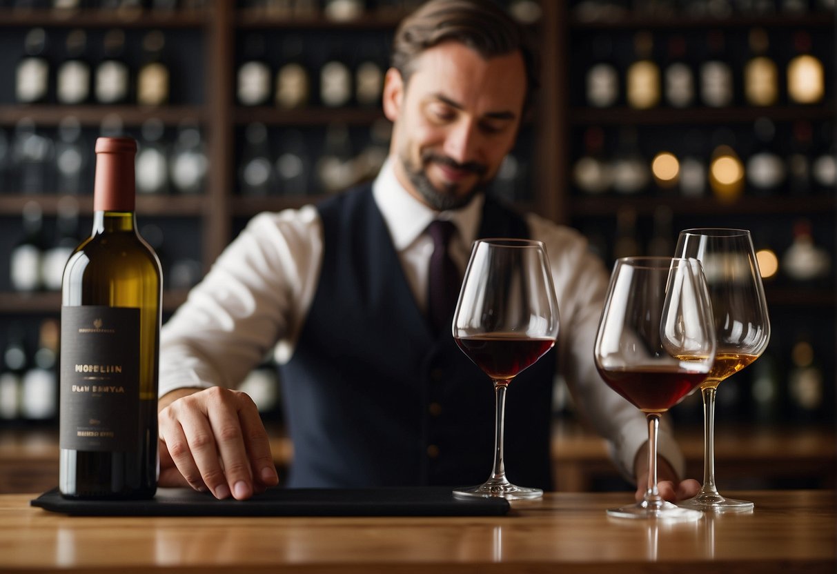 A sommelier pouring wine into a glass, surrounded by shelves of wine bottles and a wine tasting area with elegant glassware and tasting notes