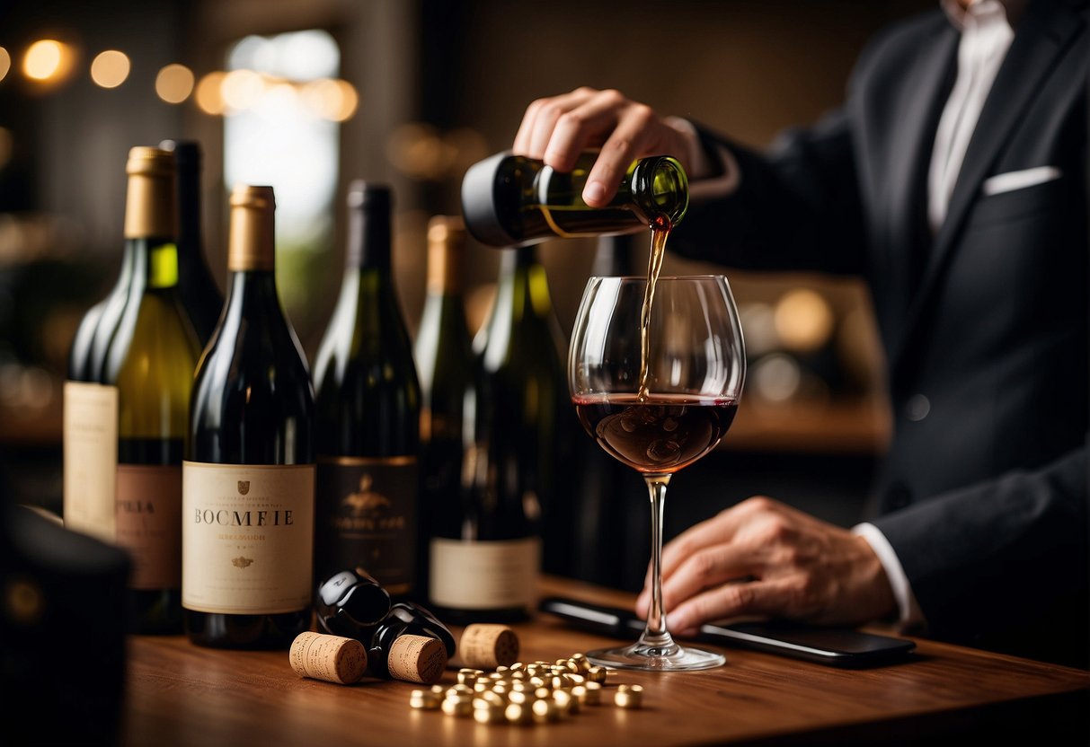 A sommelier pouring wine into a glass, surrounded by wine bottles, cork screws, and tasting notes