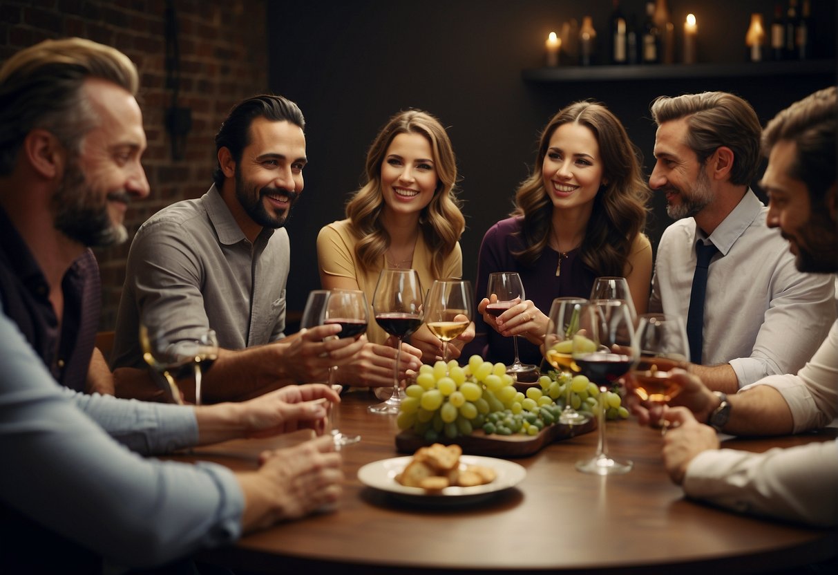 A group of people gather around a table, tasting and discussing various wines. A sommelier leads the group in a lively educational session on different wine varieties