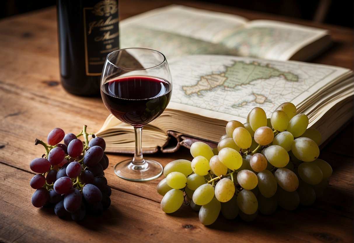 A wine bottle, glasses, and a selection of grapes sit on a wooden table, with a sommelier's journal and a map of wine regions nearby