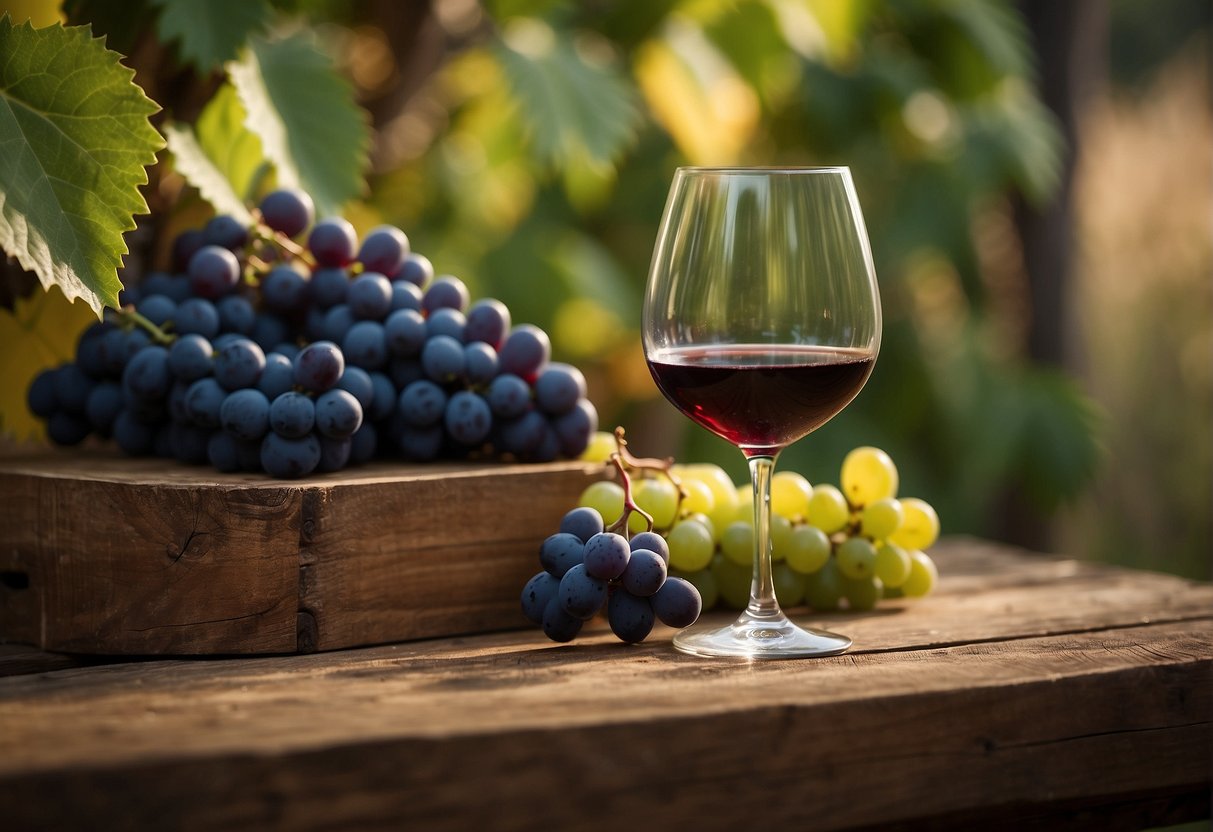 The wine glass sits on a rustic wooden table, surrounded by scattered grape vines and a hint of oak barrels in the background