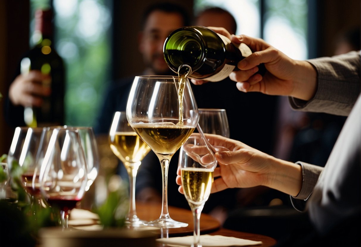 A sommelier pours wine into a glass, surrounded by bottles and wine glasses, while guests watch and listen to a wine education presentation