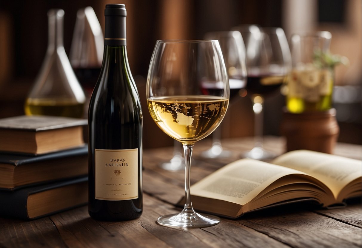 A wine glass sits on a rustic wooden table, surrounded by books on wine education and sommeliers. A world map and various wine bottles add to the ambiance