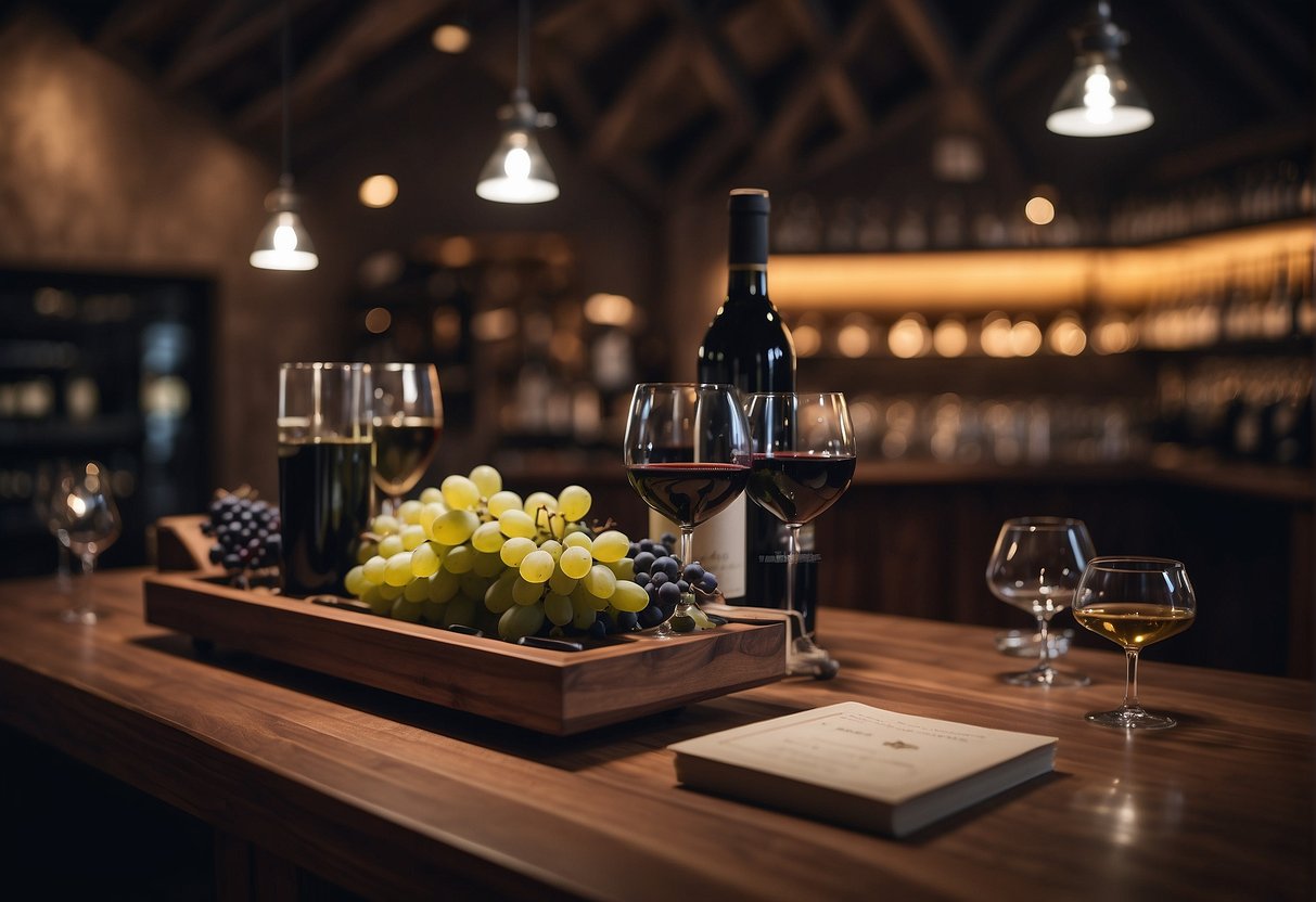 A vineyard with modern wine education materials and sommelier tools on display. A futuristic wine bar with interactive tasting experiences