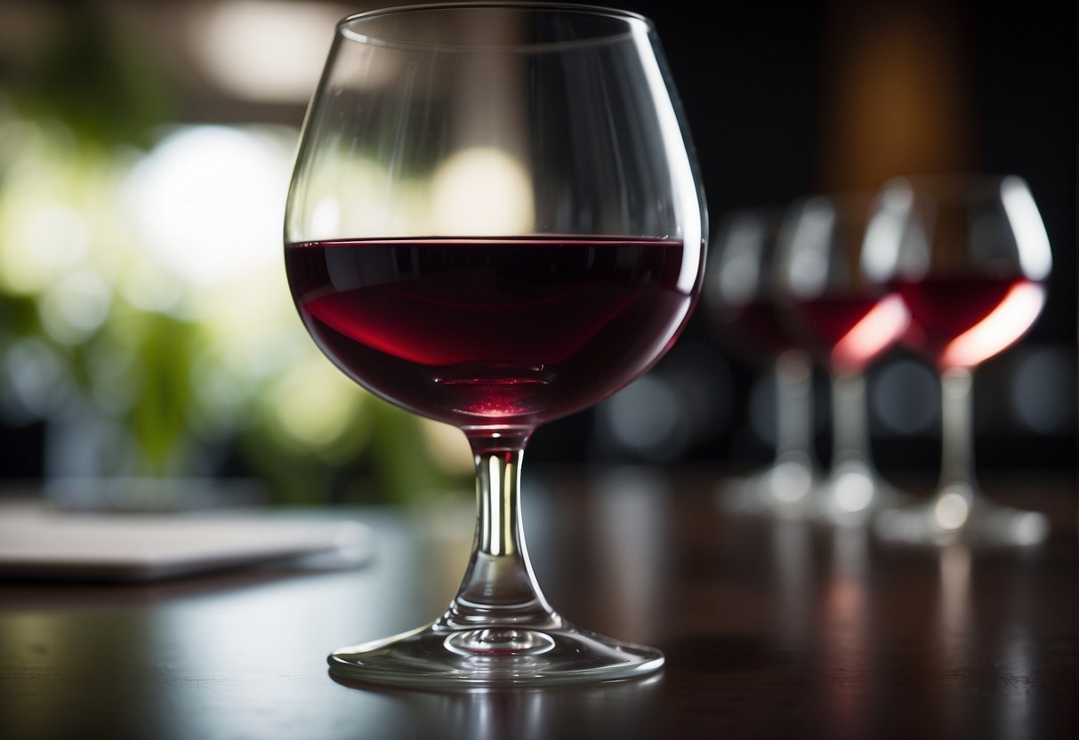 A full-bodied red wine swirls in a glass, its deep color and rich texture evident. The wine appears weighty and substantial, with a velvety mouthfeel