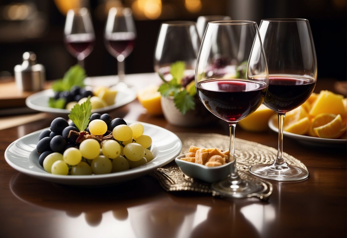 A table set with various wine glasses and bottles, accompanied by tasting notes and palate cleansers