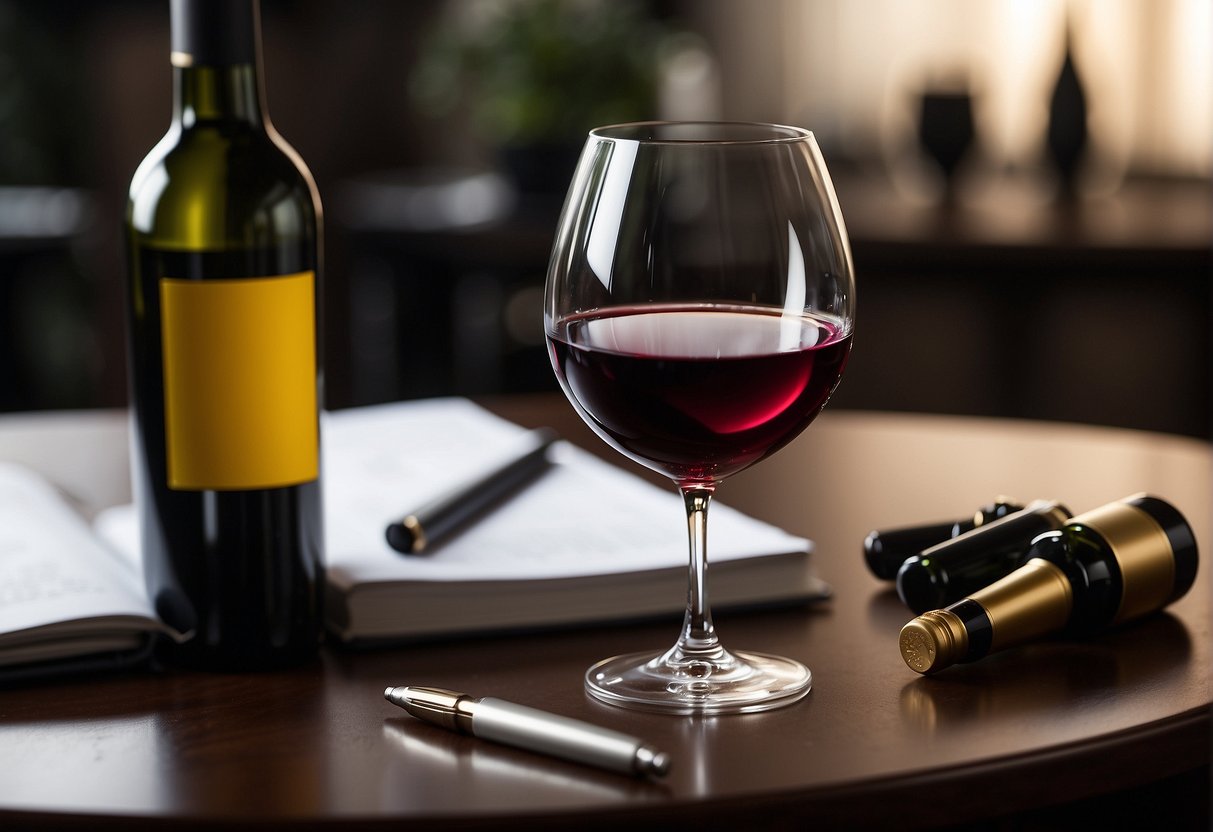 A wine glass sits on a table with a bottle beside it. A notepad and pen are nearby for recording tasting notes. Various wine bottles line the background