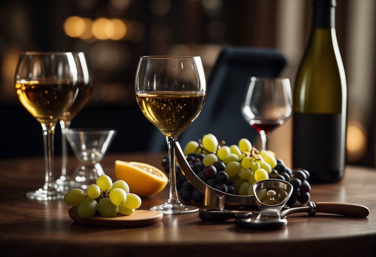 A table with various wine glasses, a bottle opener, and a spittoon. A sommelier pouring wine into glasses for tasting. Wine aroma wheels and tasting notes on the table