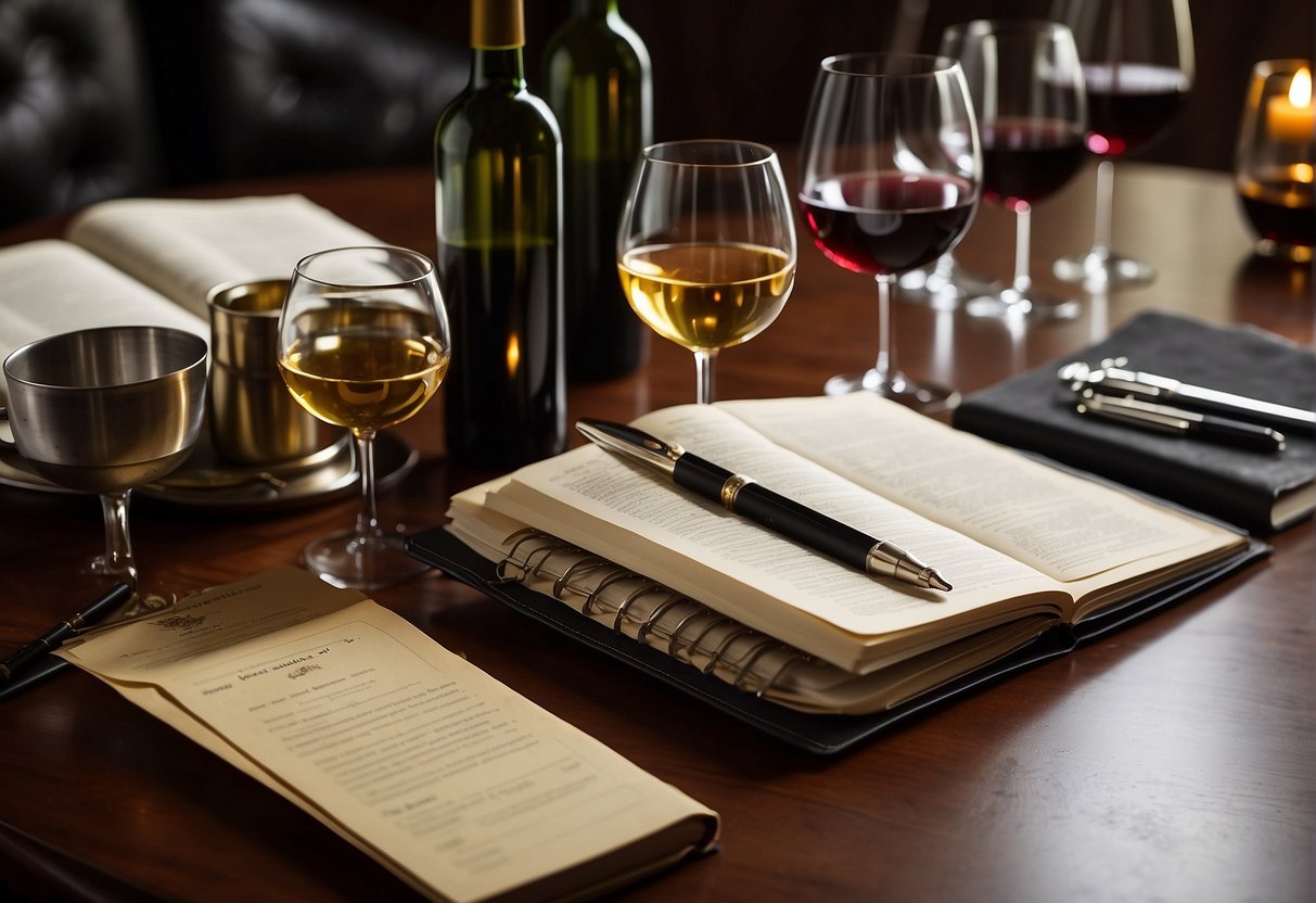 A table set with various wine glasses, bottles, and tasting notes. A journal and pen sit nearby. A sommelier's tool kit is spread out