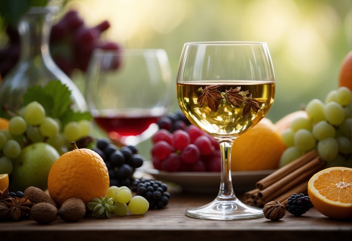 A wine glass sits on a table, surrounded by various fruits, spices, and flowers. A person's nose hovers over the glass, inhaling deeply to analyze the complex aromas