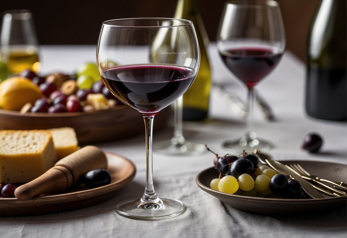 A wine glass sits on a white tablecloth surrounded by various wine bottles and tasting notes. A sommelier's tool kit and a spittoon are nearby