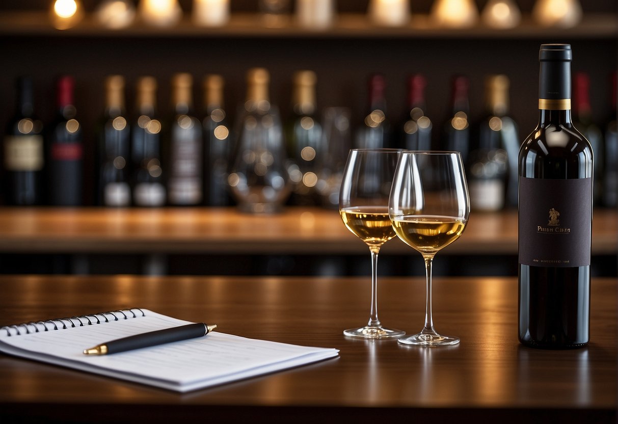 Wine glasses on a wooden table, surrounded by various bottles of wine, with a notepad and pen for notes