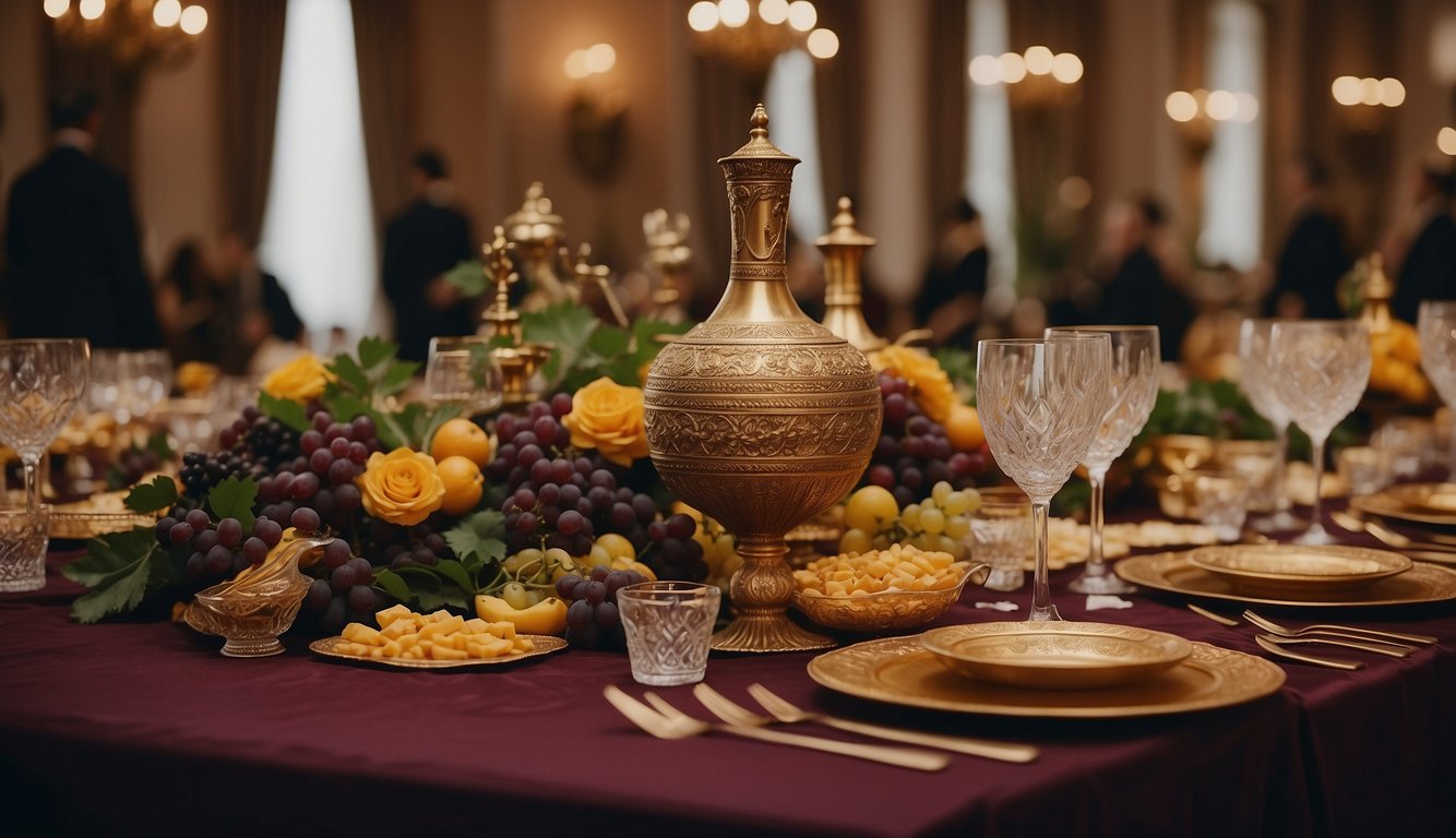 A grand banquet table adorned with ornate wine vessels, surrounded by dignitaries in opulent attire, symbolizing the regal and ceremonial significance of wine in ancient Mesopotamian society