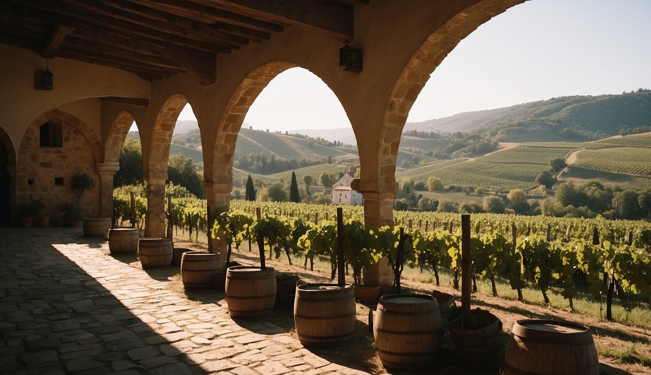 Medieval monastery nestled in rolling vineyard hills, with monks tending to grapevines and stone wine cellars preserving ancient winemaking techniques