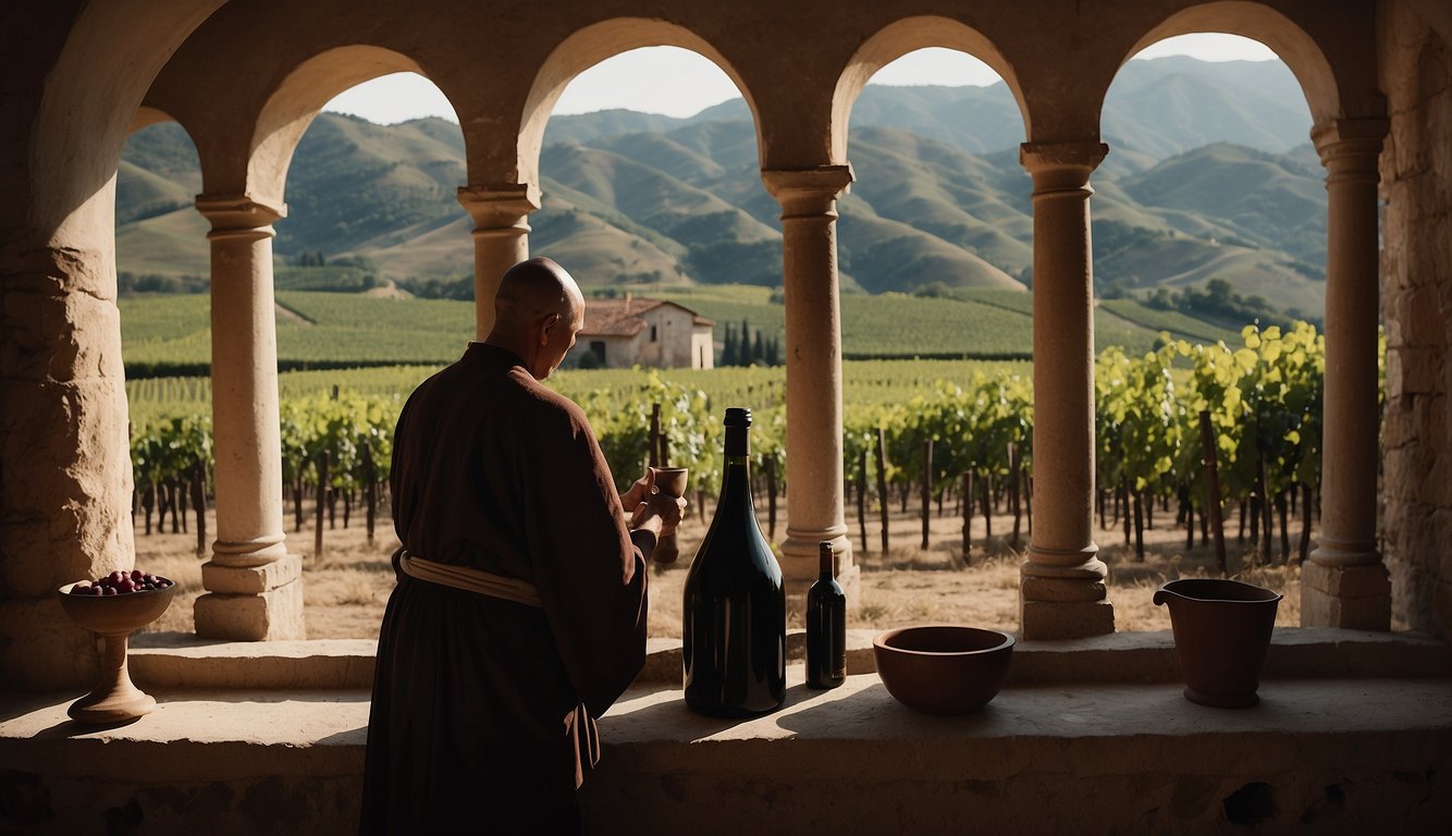 A tranquil monastery nestled in rolling hills, with monks tending to vineyards and fermenting wine in ancient cellars. Modern machinery juxtaposed with traditional winemaking practices