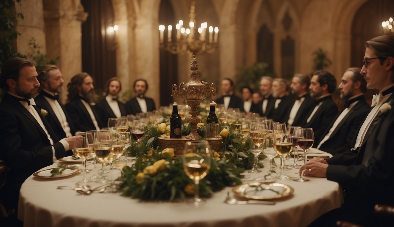 A lavish banquet table adorned with ornate goblets and bottles of wine, surrounded by nobles and scholars engaged in lively conversation