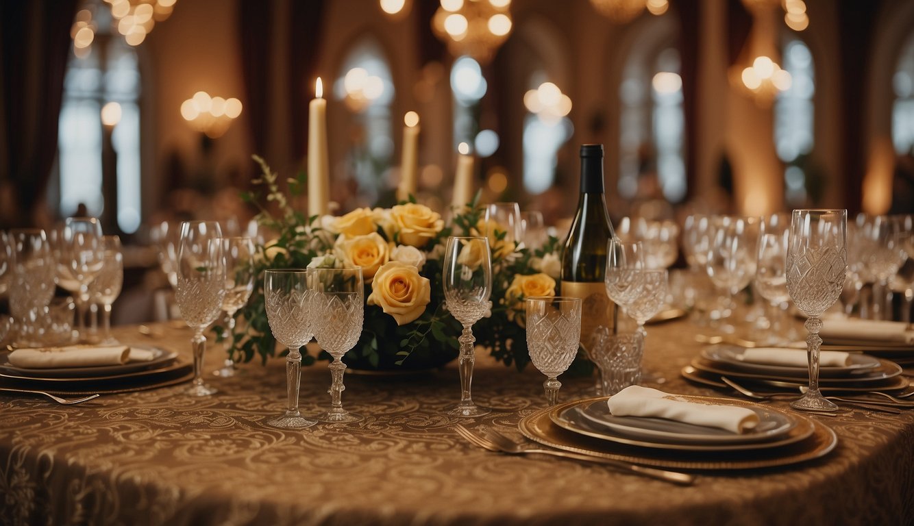 A grand banquet table adorned with ornate goblets and bottles of wine, surrounded by nobles and adorned with lavish tapestries and elegant decor