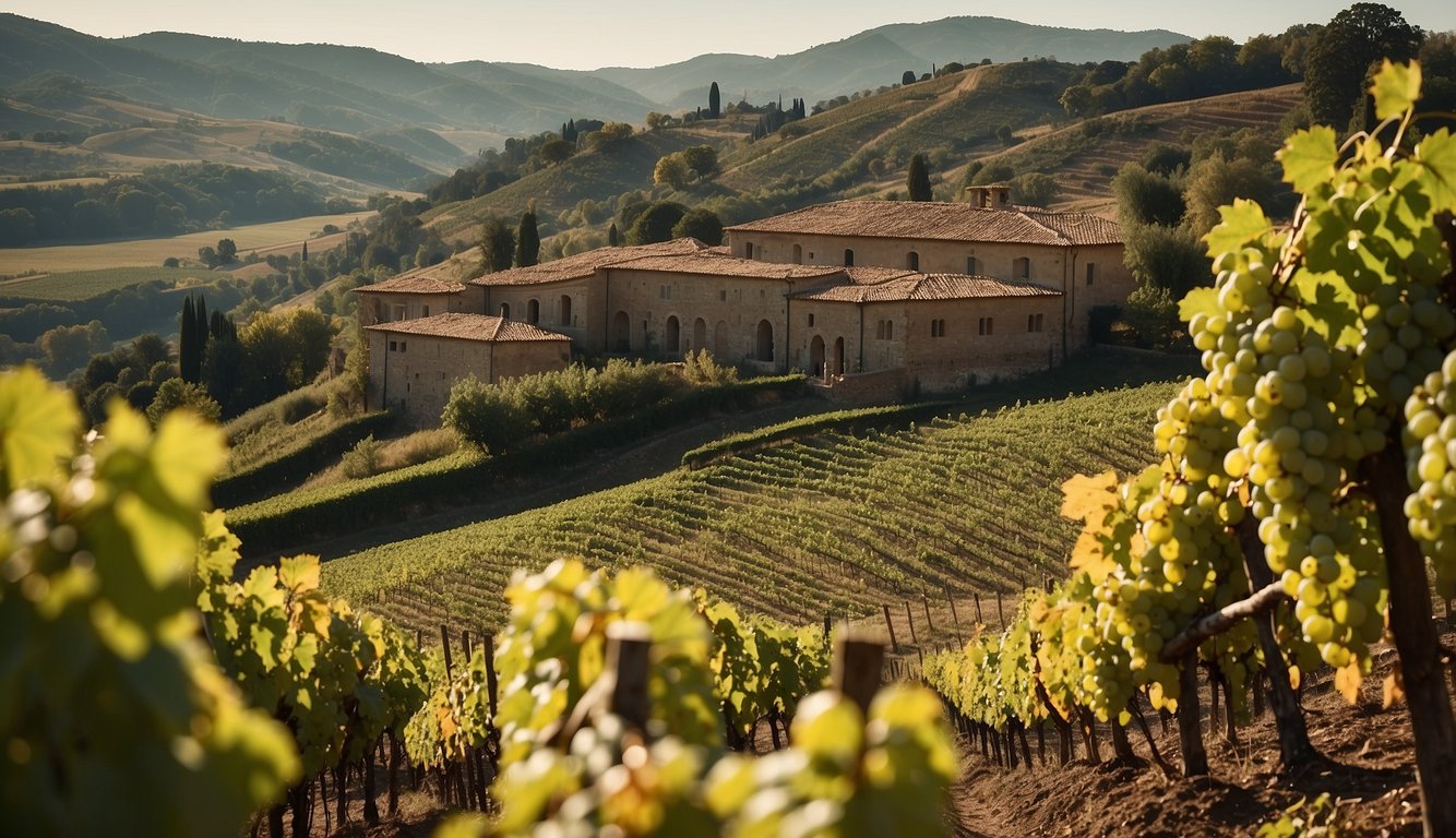 Lush vineyards sprawl across rolling hills, while workers harvest grapes and tend to aging barrels in a rustic winery. The grandeur of a Renaissance palace looms in the background, symbolizing the status and cultural significance of wine