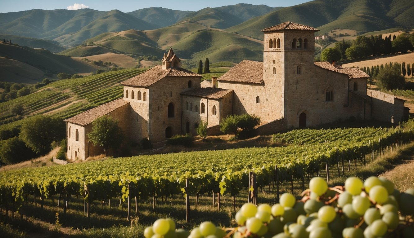 Medieval monastery nestled in rolling hills, surrounded by lush vineyards. Stone buildings and winding grapevines depict centuries-old winemaking tradition