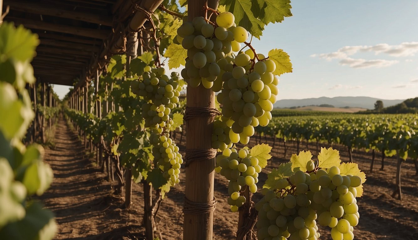 Lush vineyards with intricate trellises, surrounded by scientific instruments and books. Scholars study grapevines, while workers tend to the vines