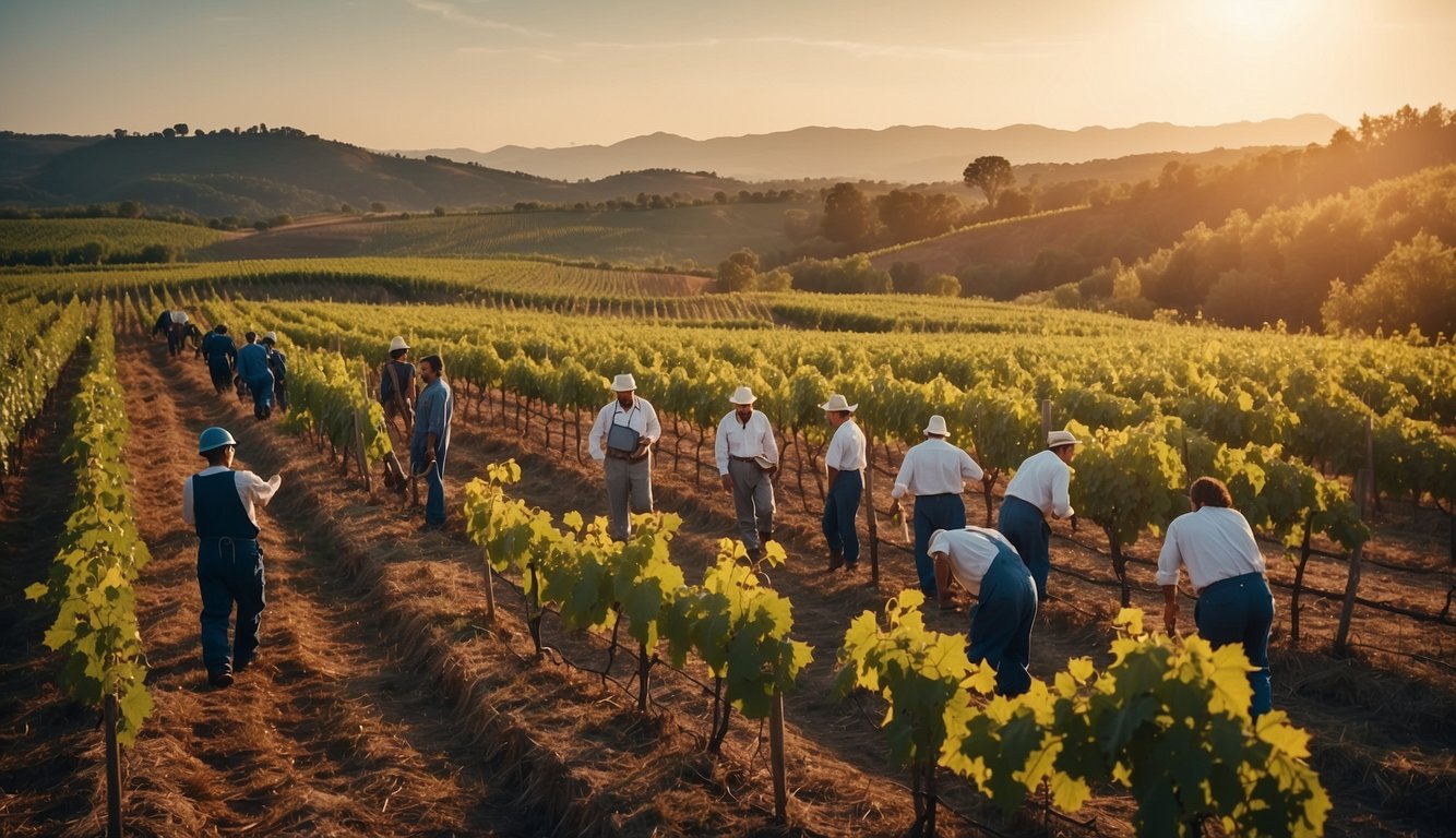 A vineyard with workers using new scientific methods, surrounded by Renaissance and Enlightenment symbols