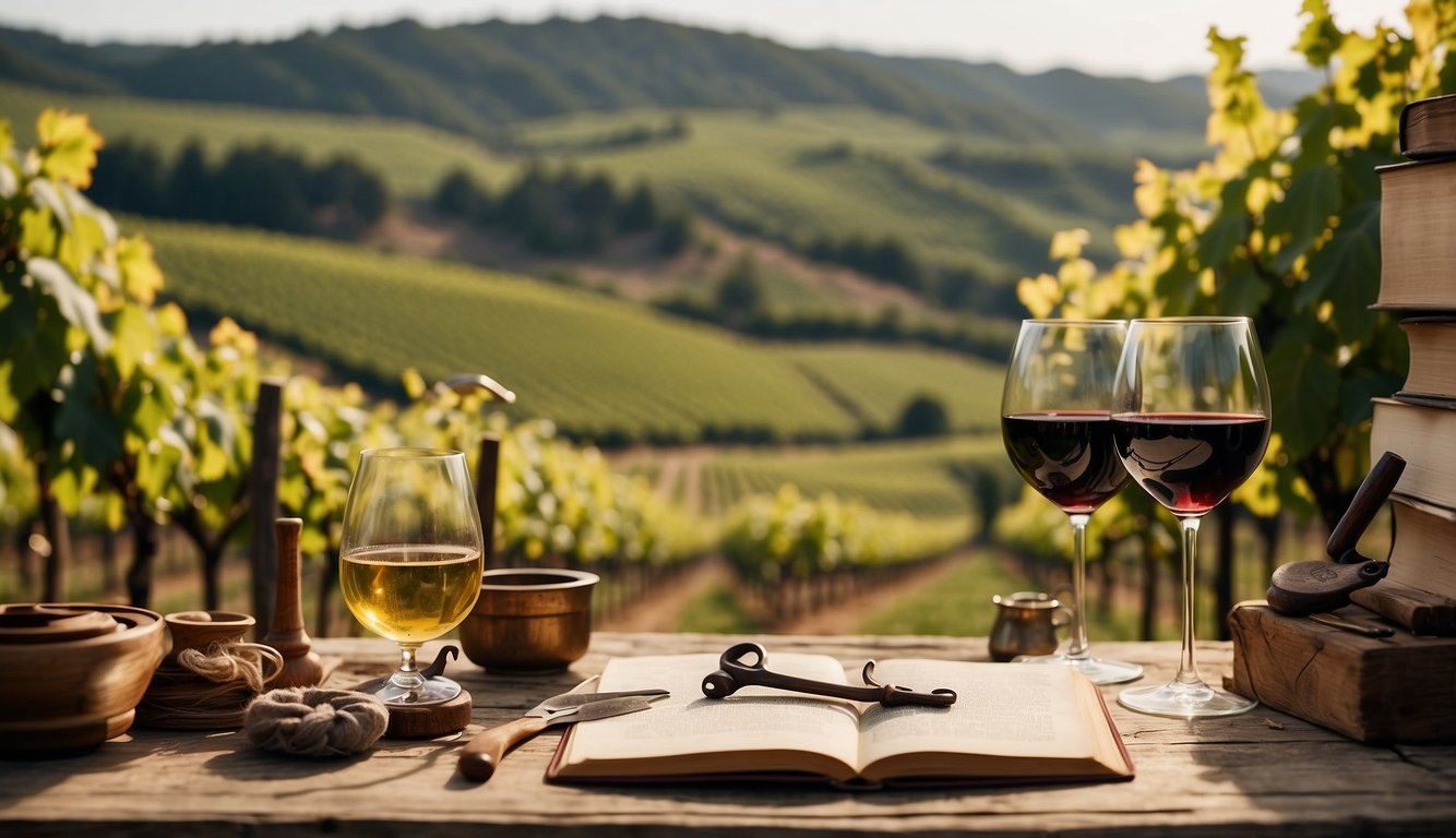 A vineyard with ancient and modern tools, surrounded by historical and scientific texts, showcasing the evolution of viticulture from the Renaissance to the Enlightenment