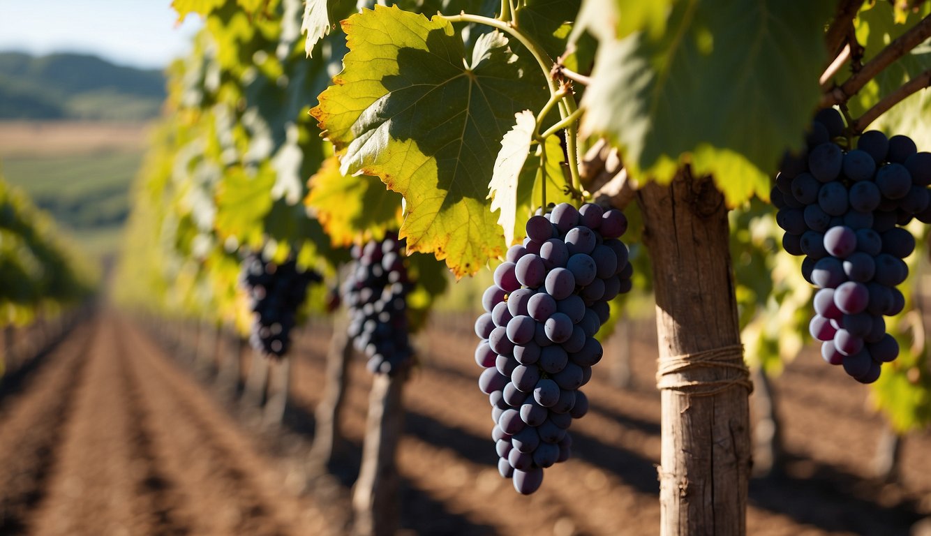 Lush vineyards with advanced irrigation systems, scientific instruments, and labor-saving tools. Researchers studying grape varieties and soil composition