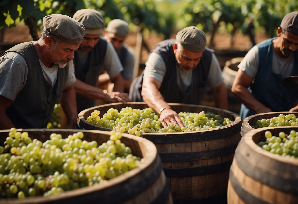 Vineyard workers crush grapes in large wooden barrels. Monks observe and record the process, experimenting with fermentation and aging methods