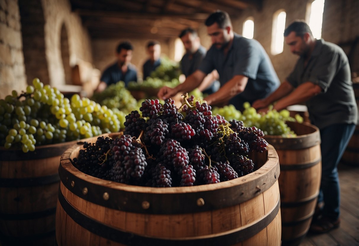 Grapes being crushed in wooden barrels, while workers monitor fermentation and aging processes in a medieval European winemaking facility