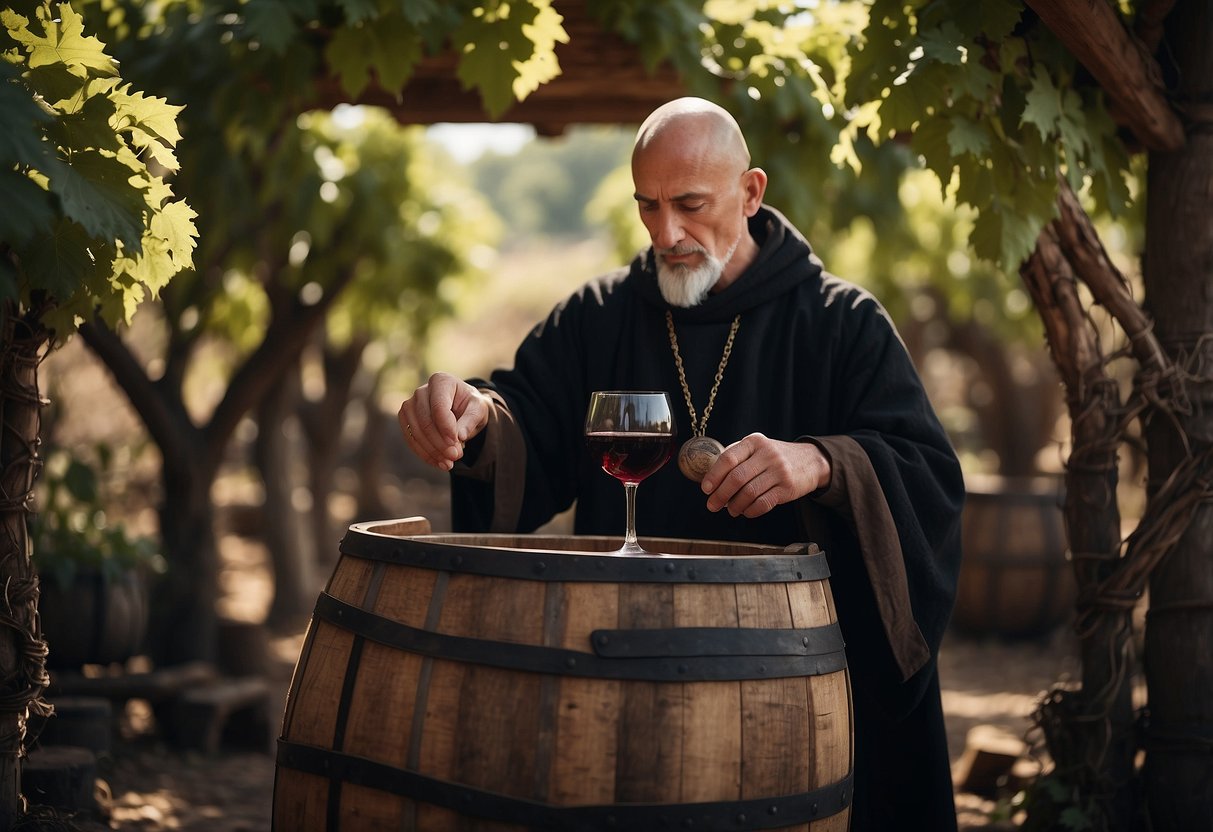 A medieval monk pours wine into a wooden barrel, surrounded by grapevines and a rustic wine press