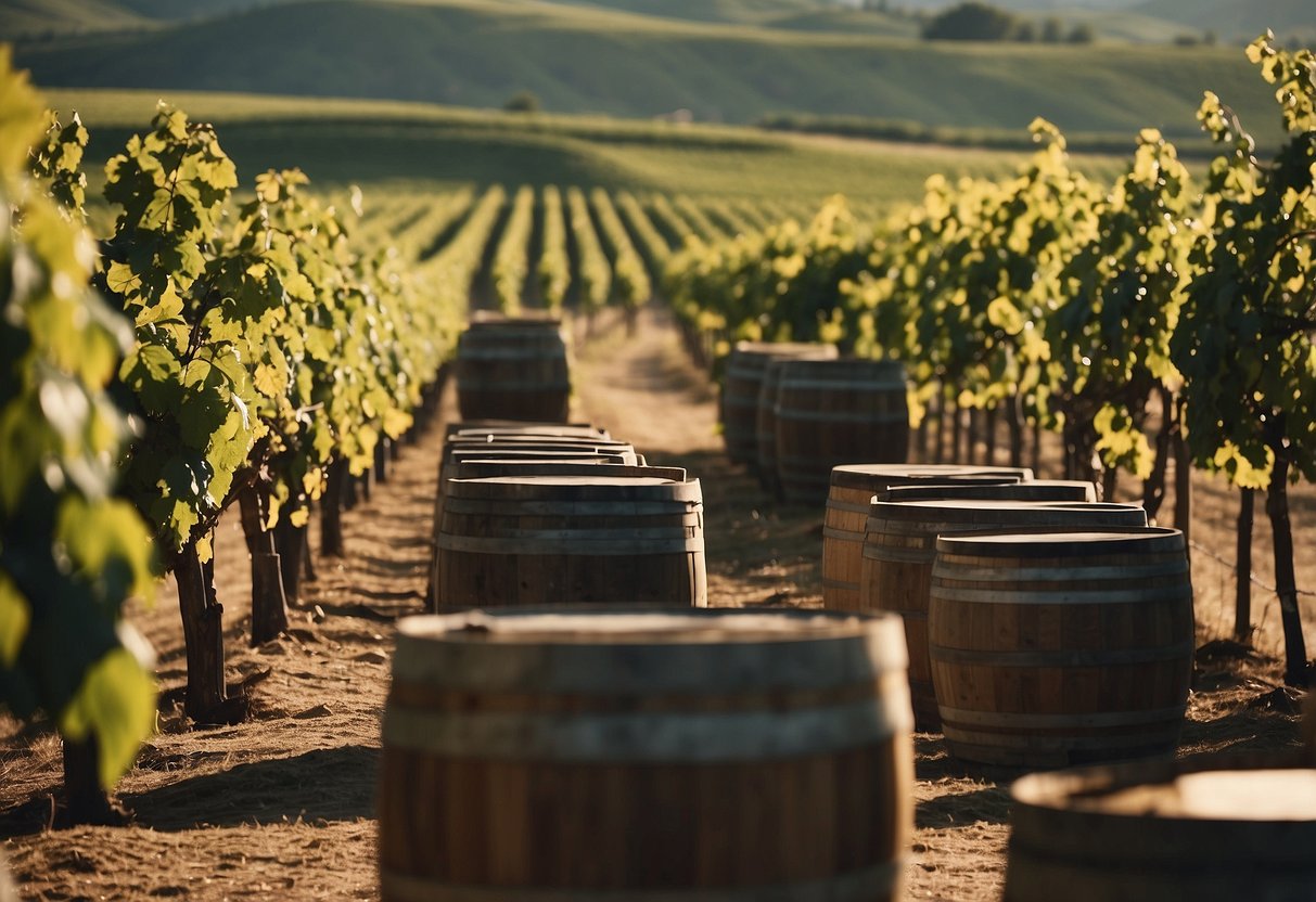 Vineyards sprawl across rolling hills, workers tend to grapevines. Stone presses and wooden barrels line the winemaking workshop