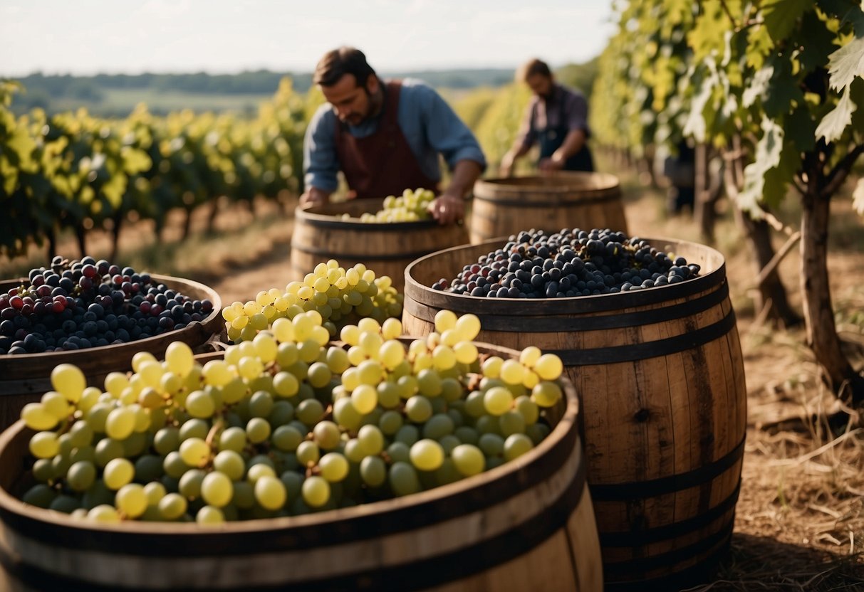 Medieval wine-makers press grapes, ferment in barrels, and bottle wine in a rustic European vineyard