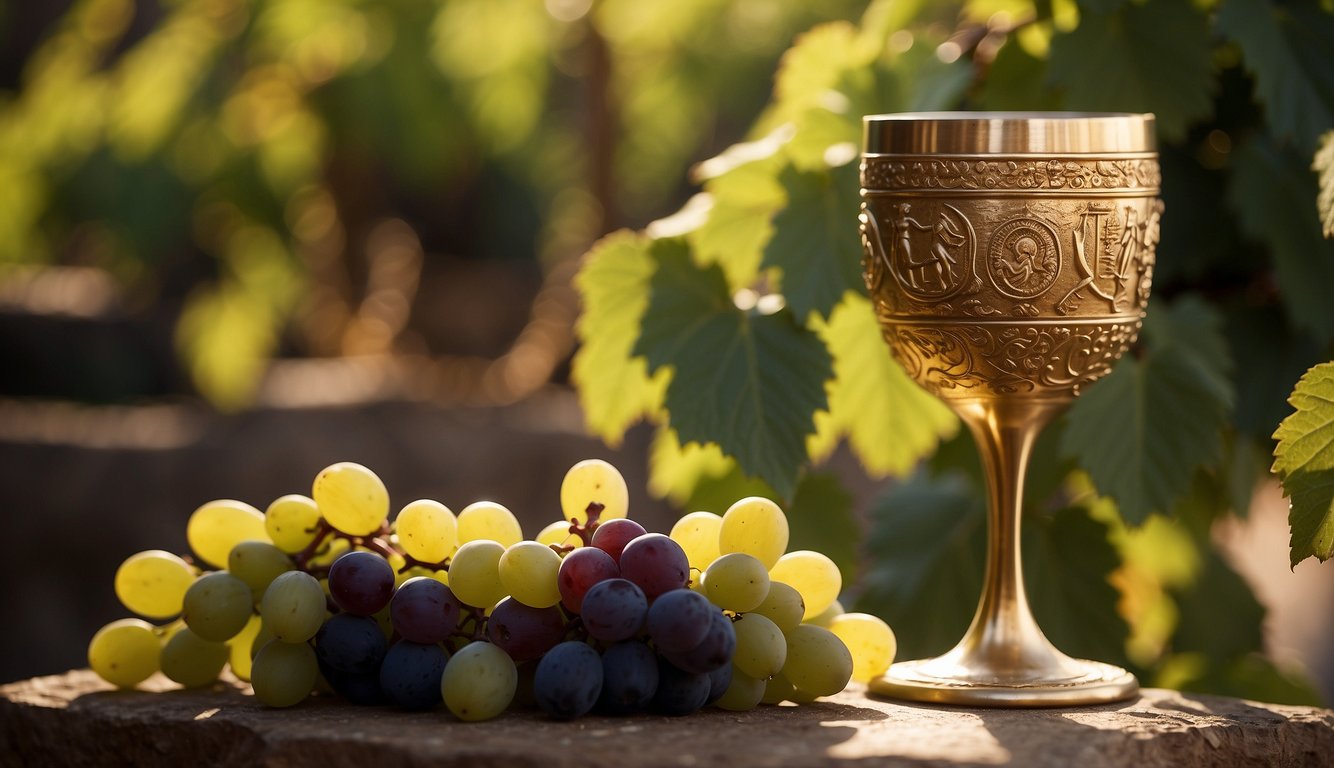 A golden goblet overflows with wine, surrounded by grapevines and ancient Greek symbols, evoking the cultural significance of wine in society and its use in mythology and rituals