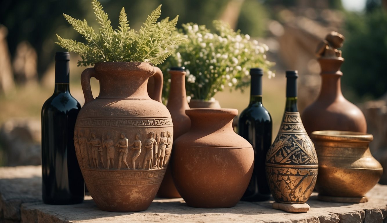 Ancient Greek amphorae filled with wine, surrounded by laurel wreaths and offerings to Dionysus, the god of wine and fertility