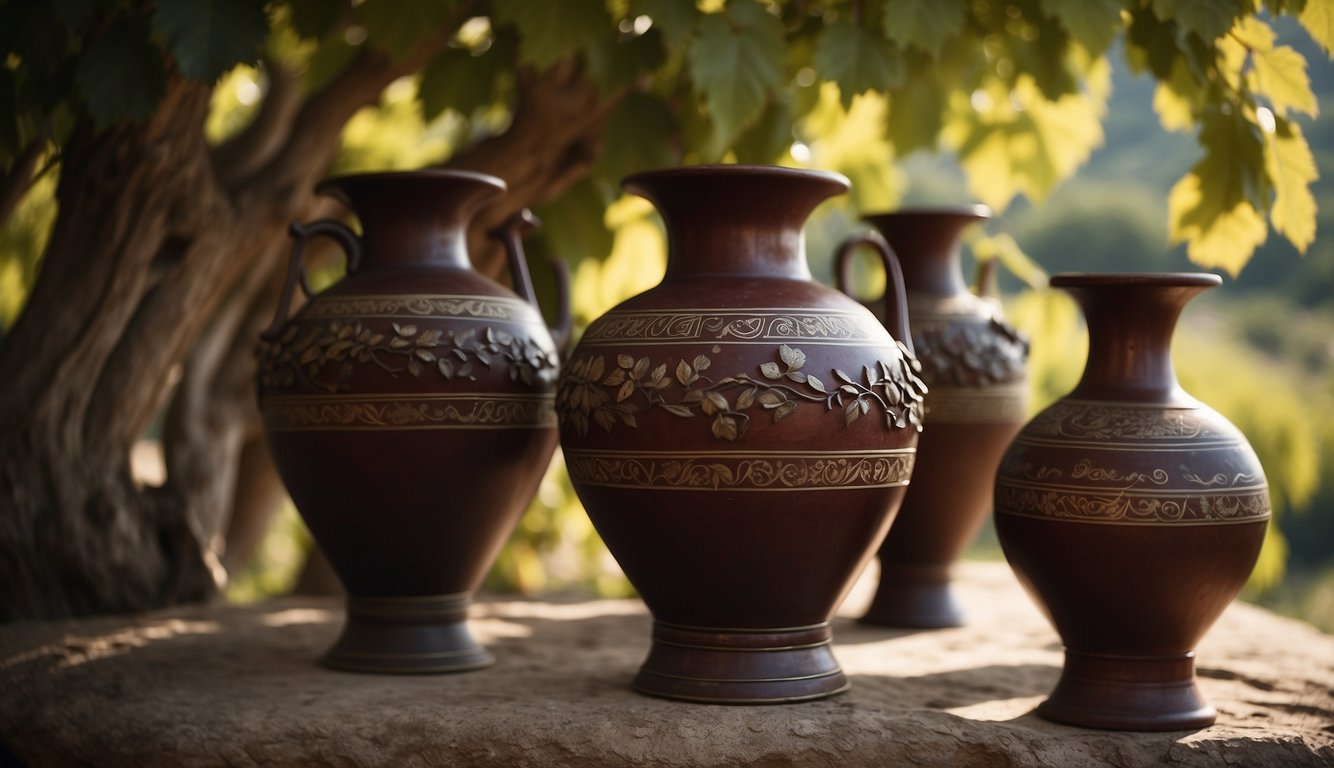 Ancient Greek amphorae overflowing with rich red wine, surrounded by grapevines and draped in laurel leaves, symbolizing the enduring impact of Greek winemaking on the world