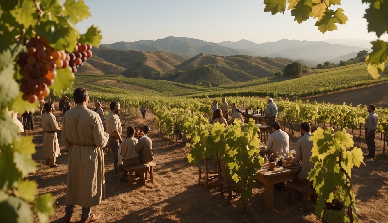 Lush vineyards sprawl across sun-drenched hills, with workers tending to the grapevines. A grand banquet table is laden with amphorae of wine, while figures in flowing robes engage in ancient Greek rituals