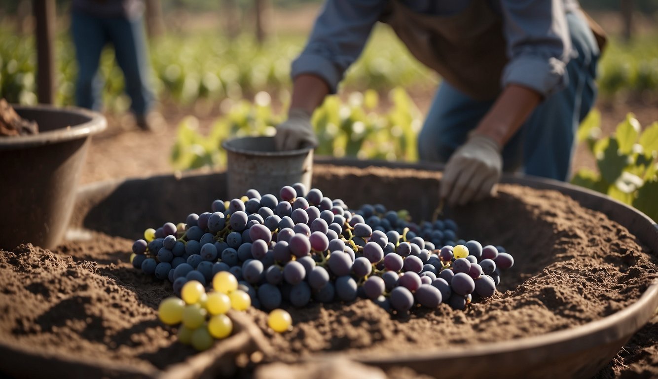 Vineyard workers crush grapes with feet, pour juice into clay pots, and seal with wax. A fire pit nearby heats water for cleaning tools