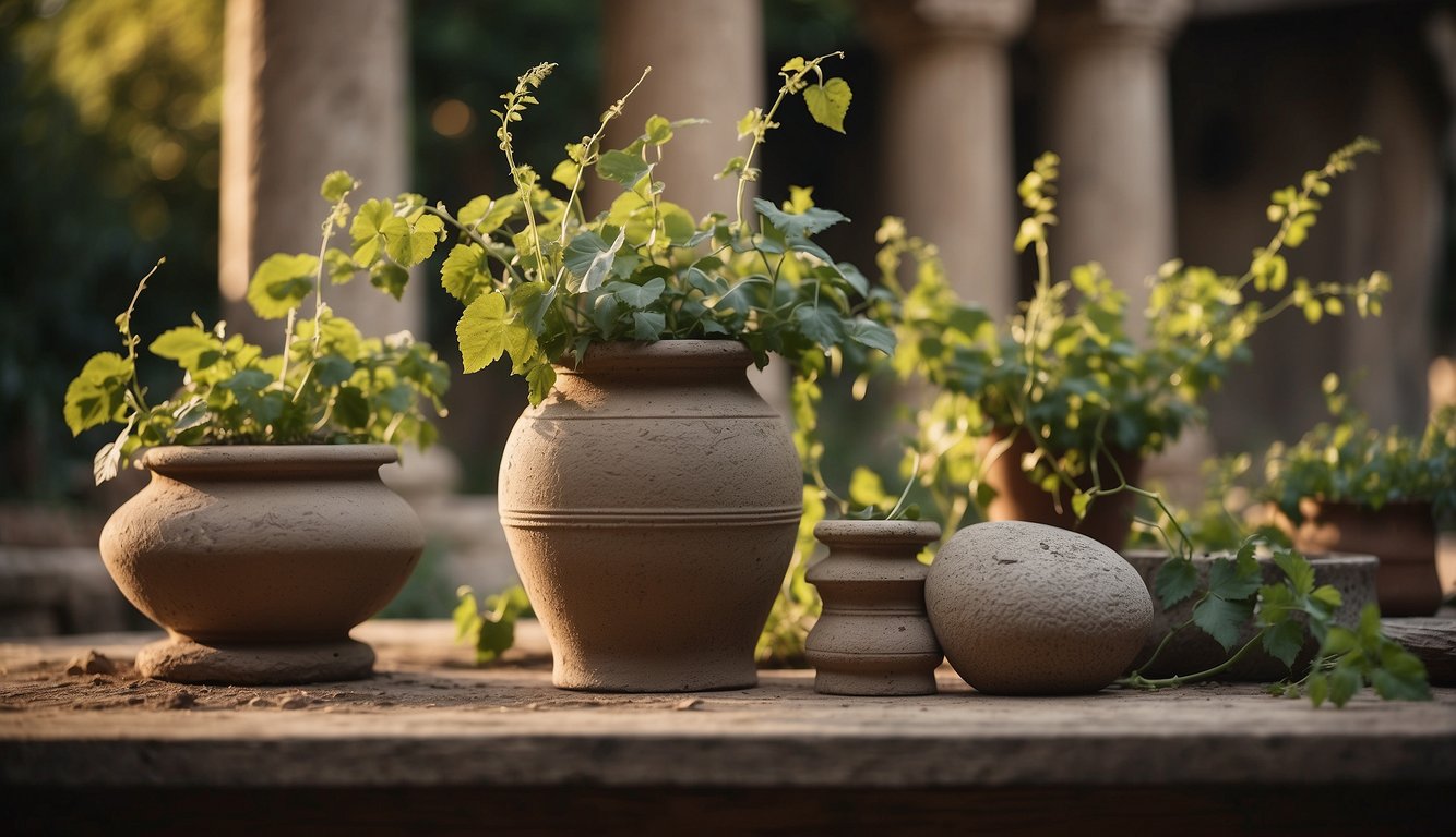 Vines twisting around stone pillars, large clay amphorae buried in the earth, and ancient tools scattered on a wooden table