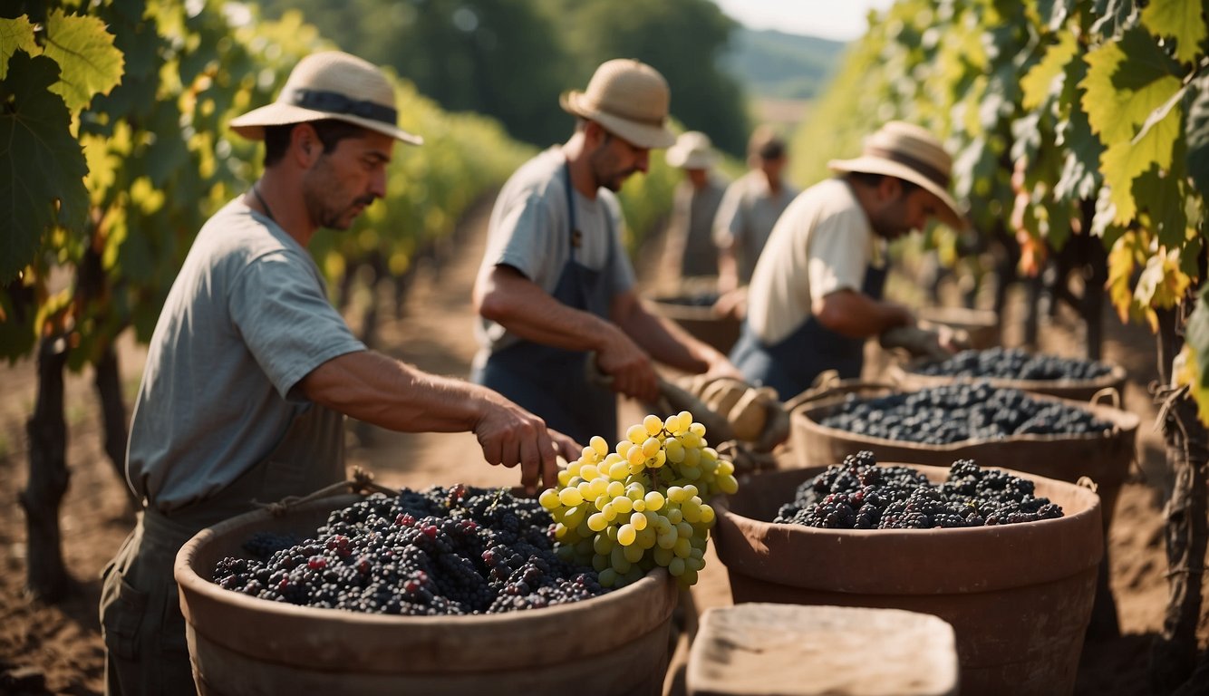 Vineyard with workers pressing grapes, clay vessels for fermentation, and ancient tools for winemaking