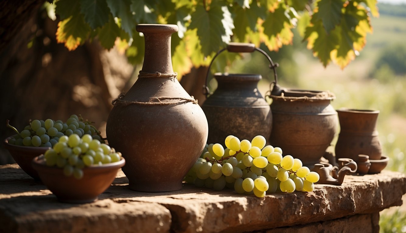 Vineyard with ancient tools, clay amphorae, and grape clusters. A stone press and fermentation vessels sit nearby. Sunlight filters through the grape leaves