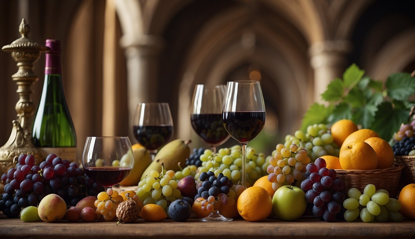 Vibrant wine trade routes connect diverse cultures, influencing Renaissance art and wine culture. Rich tapestries, ornate goblets, and exotic fruits symbolize this cultural exchange