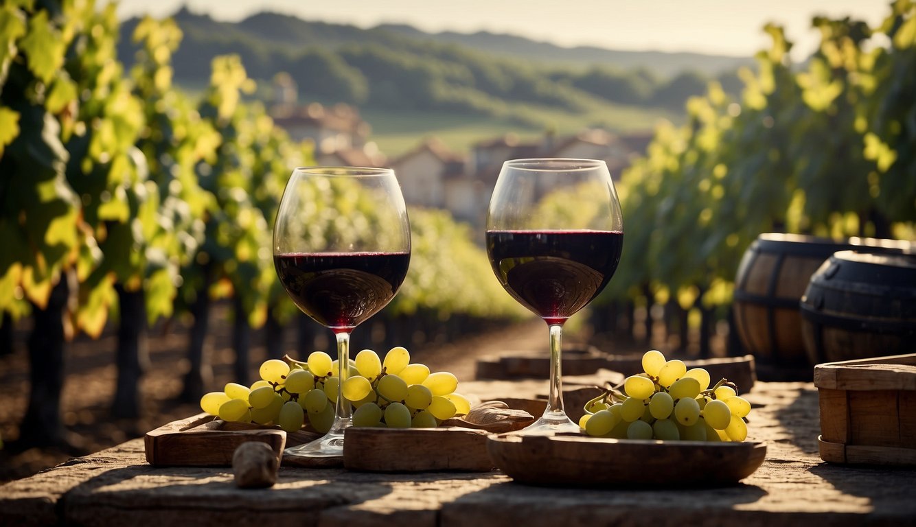 Vineyards line the bustling trade routes, with merchants exchanging barrels of wine. The aroma of fermenting grapes fills the air, as carts laden with wine casks roll through the cobblestone streets